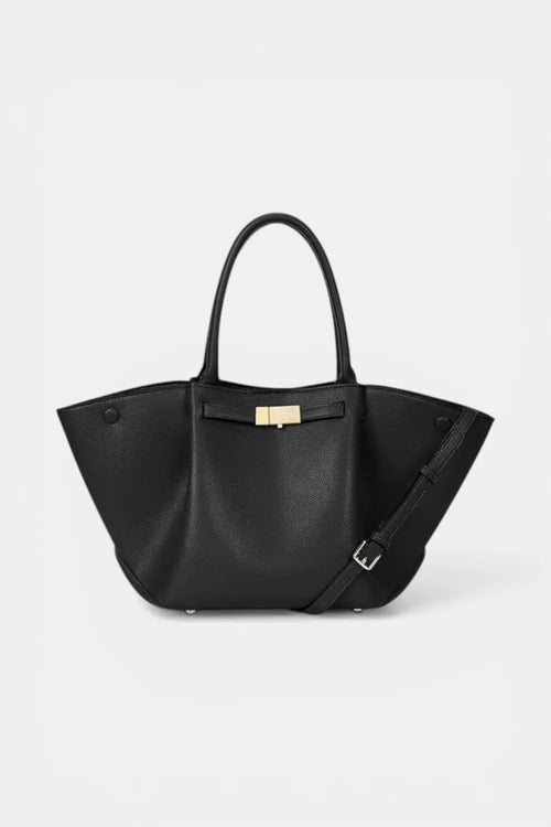 RAVIKEN black pebbled vegan leather tote handbag with gold bar clasp and detachable shoulder strap